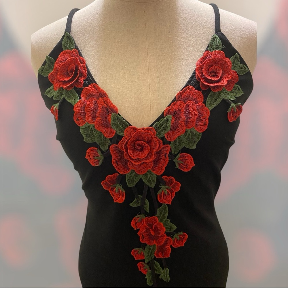 Windsor Black Slip Dress with Red Rose Embroidery - Picture 2 of 7